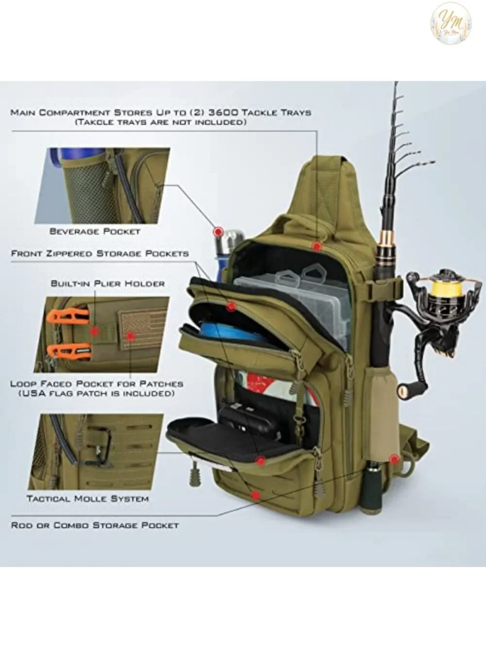 Tactical Fishing Sling Backpack with Rod Holder, Molle System, Water-Resistant